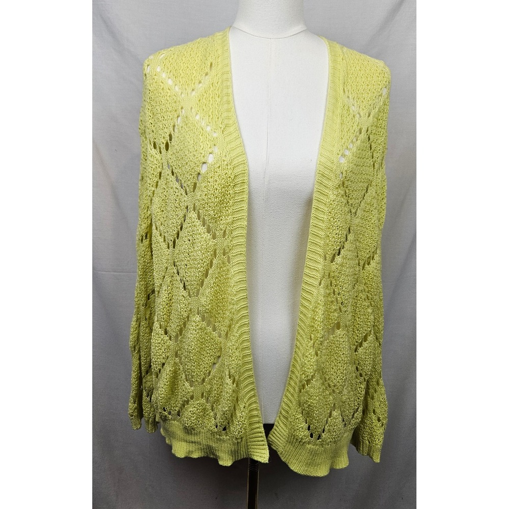 STACCATO Women's Yellow Crochet Knit Cardigan‎ Open Front L Boho Hippie Easter